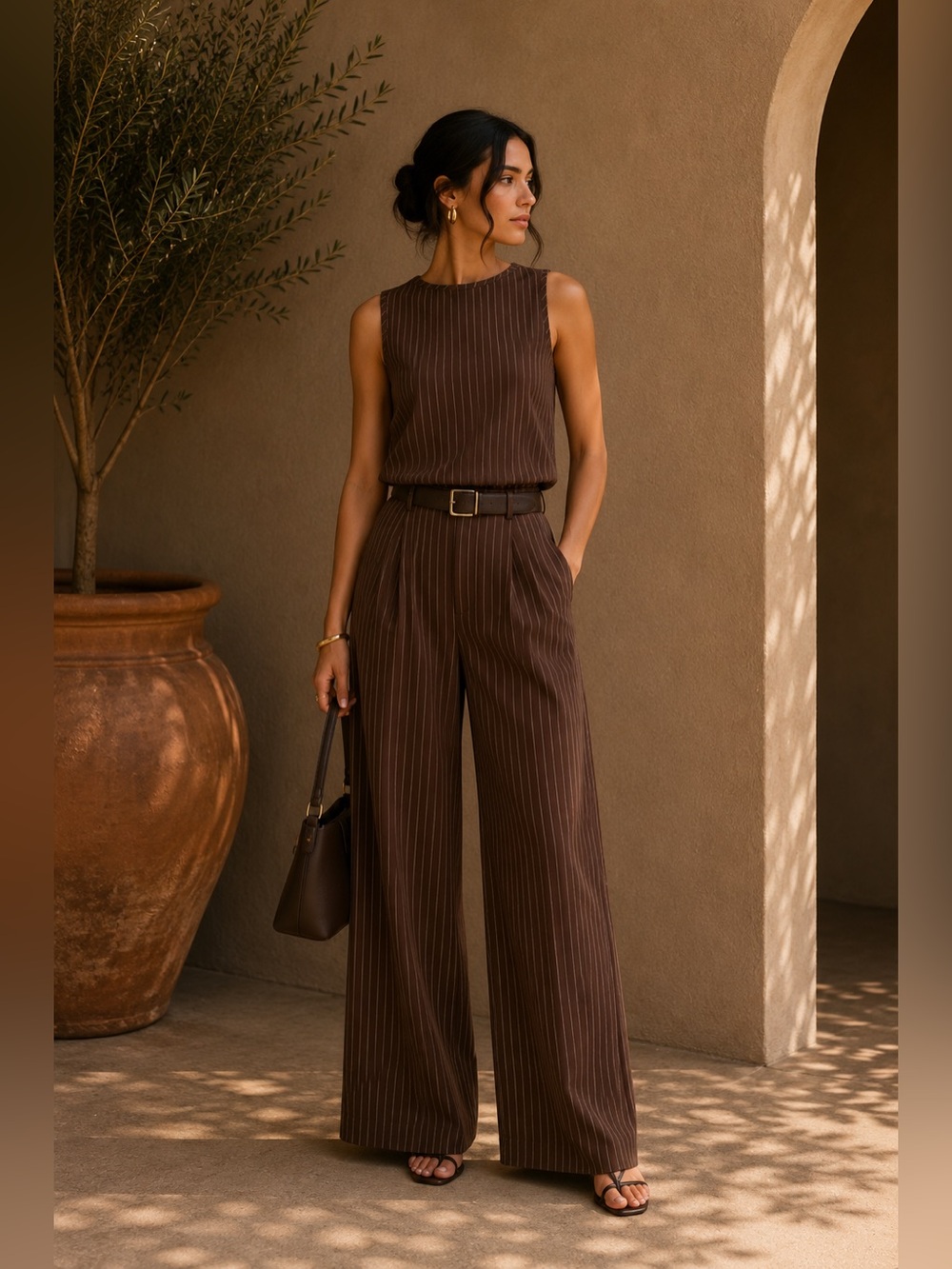 Commense Brown Pinstripe Top & Pants Set S | Office Siren Tailored Set - Picture 1 of 9